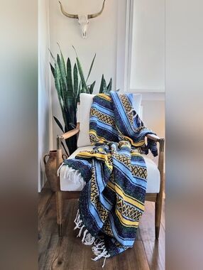 Mexican Falsa Blanket – Southwestern Woven Throw Blue Gold